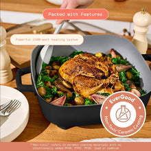 Black electric skillet cooking a roast with vegetables; ceramic nonstick coating