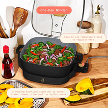 Black electric skillet filled with vegetables and meat, with side-mounted temperature dial