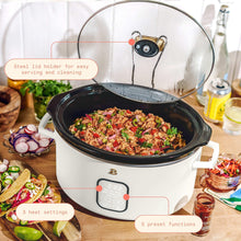White programmable slow cooker with clear lid and front control buttons