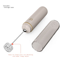 Taupe rechargeable milk frother with whisk and clear storage case