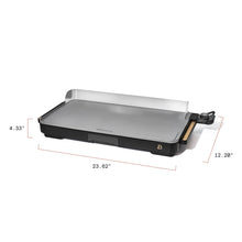 XL electric griddle with raised back guard and dimensions marked on the cooking surface