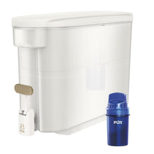 Beautiful by PUR white 30-cup water filter dispenser with a blue filter cartridge