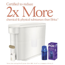 Beautiful by PUR white water filter dispenser with blue filter cartridge and filter box