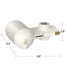 White Beautiful by PUR faucet filter system with dimensions shown