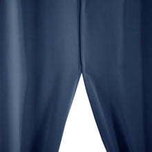 Navy blue curtain panel fabric with stitched seam and fold detail
