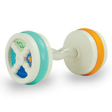 Bouncy barbell baby toy with teal handle and white end rollers