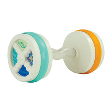 Bouncy barbell baby toy with white ends and yellow accent ring