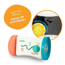 2-in-1 activity mirror toy, white tube with orange end and teal frame