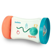 2-in-1 activity mirror toy, orange and teal ends with illustrated white tube