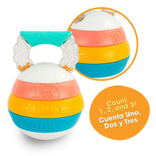 Colorful stack-and-count kettlebell toy with teal handle and coral, yellow, blue rings