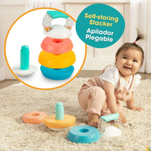 Foldable baby stacker activity toy with teal handle and multicolor base rings