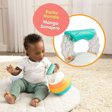 Baby stacking activity toy with teal rattle handle and multicolor bead-and-ring base