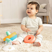 Baby activity stack toy with orange and blue base pieces and teal rattle handle