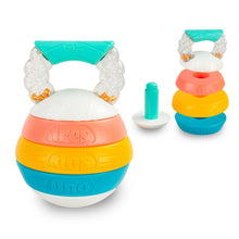Colorful baby stack-and-count kettlebell toy with teal handle and clear bead rings