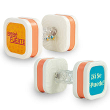 Orange-and-white twist-and-shake dumbbell baby toy with clear bead rattle inside