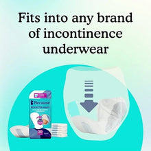 White incontinence booster pads shown fitting into underwear, thin absorbent disposable inserts
