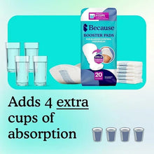 Incontinence booster pads set with stack of white inserts, plus product package and single pad