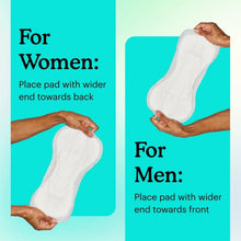 Incontinence booster pad placement directions: women wider end to back, men wider end to front