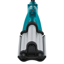 Deep hair waver front view with turquoise handle and silver heating barrels
