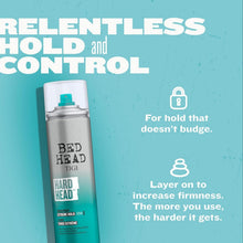 Bed Head Hard Head hairspray canister with teal nozzle and silver can body