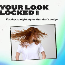 Styled curly hair with white shirt, framed by promotional border