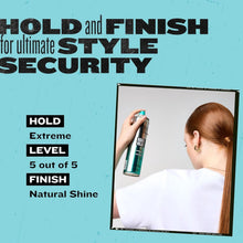 Hair spray canister with teal nozzle, held near a sleek bun hairstyle