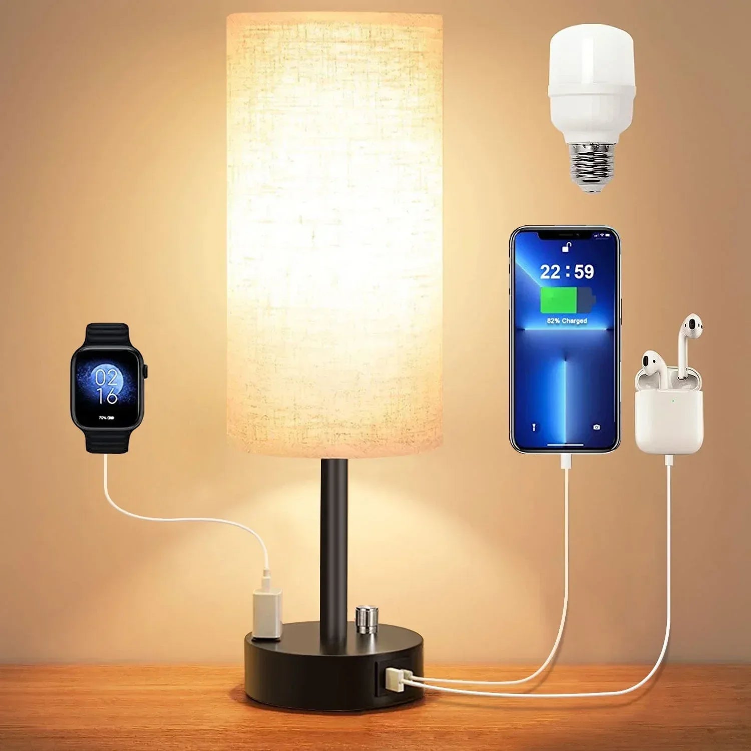 HadinEEon Bedside Table Lamp, Fully Dimmable Lamp with USB C&A Fast Charging Port, AC Outlet, Lamp with Linen Fabric Shade and Black Base for Bedroom Living Room, Office, Dorm - USA MEGA SHOP