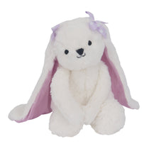 White plush bunny stuffed animal with purple bow on ears, lavender satin accents