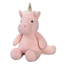 Pink unicorn plush with gold horn and stitched facial details