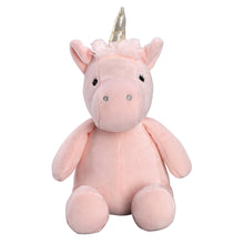 Pink unicorn plush stuffed animal with gold horn and soft mane