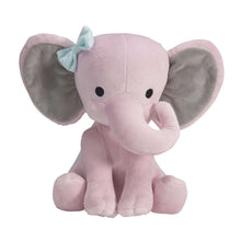 Pink plush elephant stuffed animal with blue bow, front pose, gray inner ears, 10 in