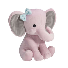 Pink plush elephant with blue bow, side view, long trunk, gray inner ears, 10 in