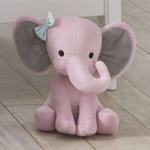 Pink plush elephant stuffed animal with blue bow, long trunk and floppy ears, 10 in
