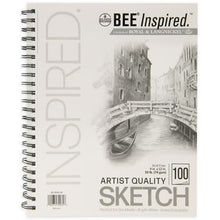 Spiral-bound sketching paper pad, white cover with Bee Inspired artwork and 100-sheet label