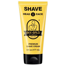 Bee Bald premium shaving cream tube front view, yellow/black, head & face, 6 fl oz