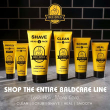 Bee Bald grooming lineup on shelf, including a yellow shave cream tube