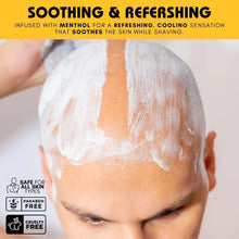 Bee Bald shaving cream applied to scalp; white foam on head, soothing & refreshing