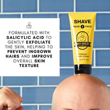 Bee Bald premium shaving cream tube next to text panel, yellow/black, head & face, 6 fl oz