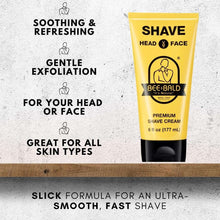 Bee Bald premium shaving cream tube on graphic backdrop, yellow/black, head & face, 6 fl oz