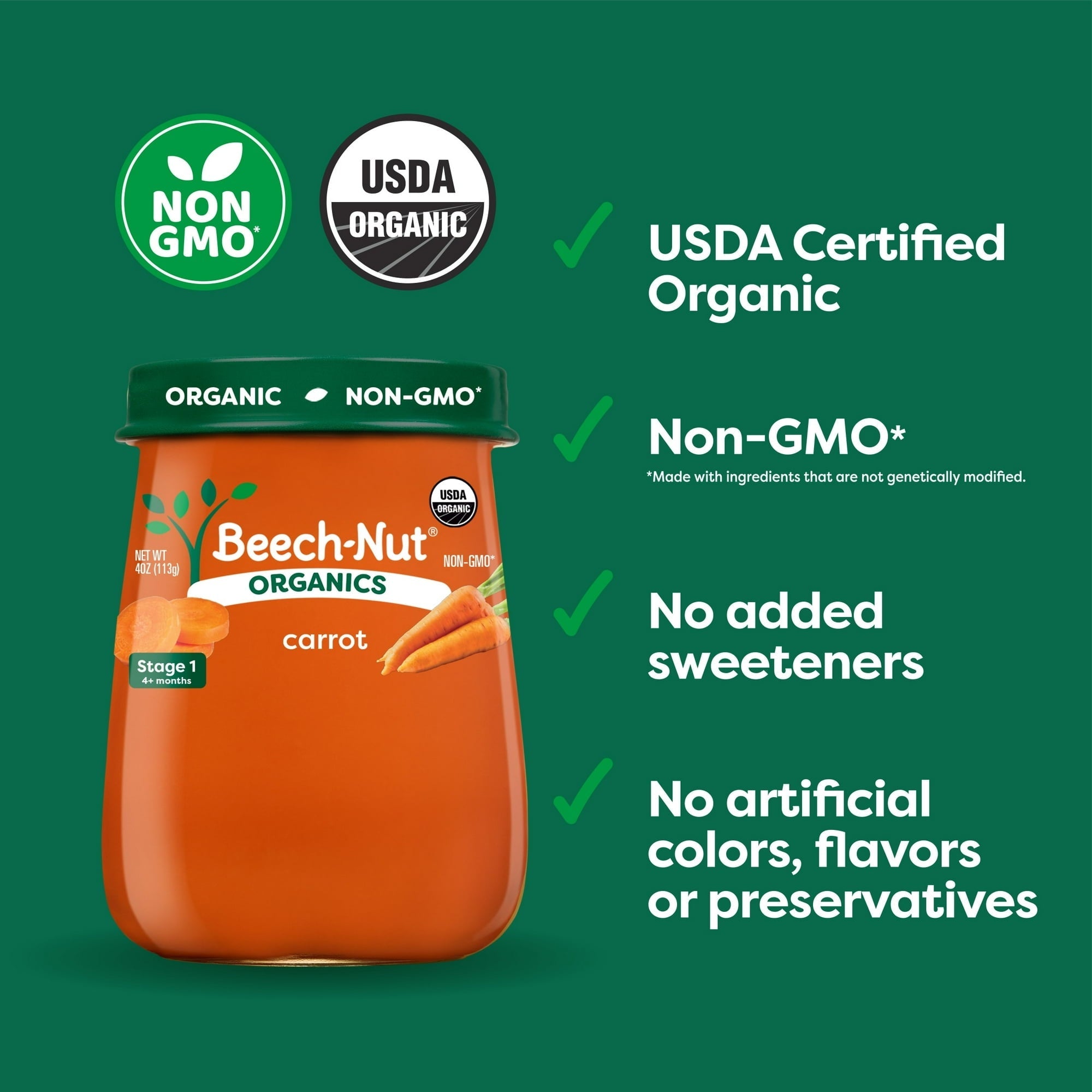 Beech-Nut Organics Stage 1 Organic Baby Food, Carrots, 4 oz Jar