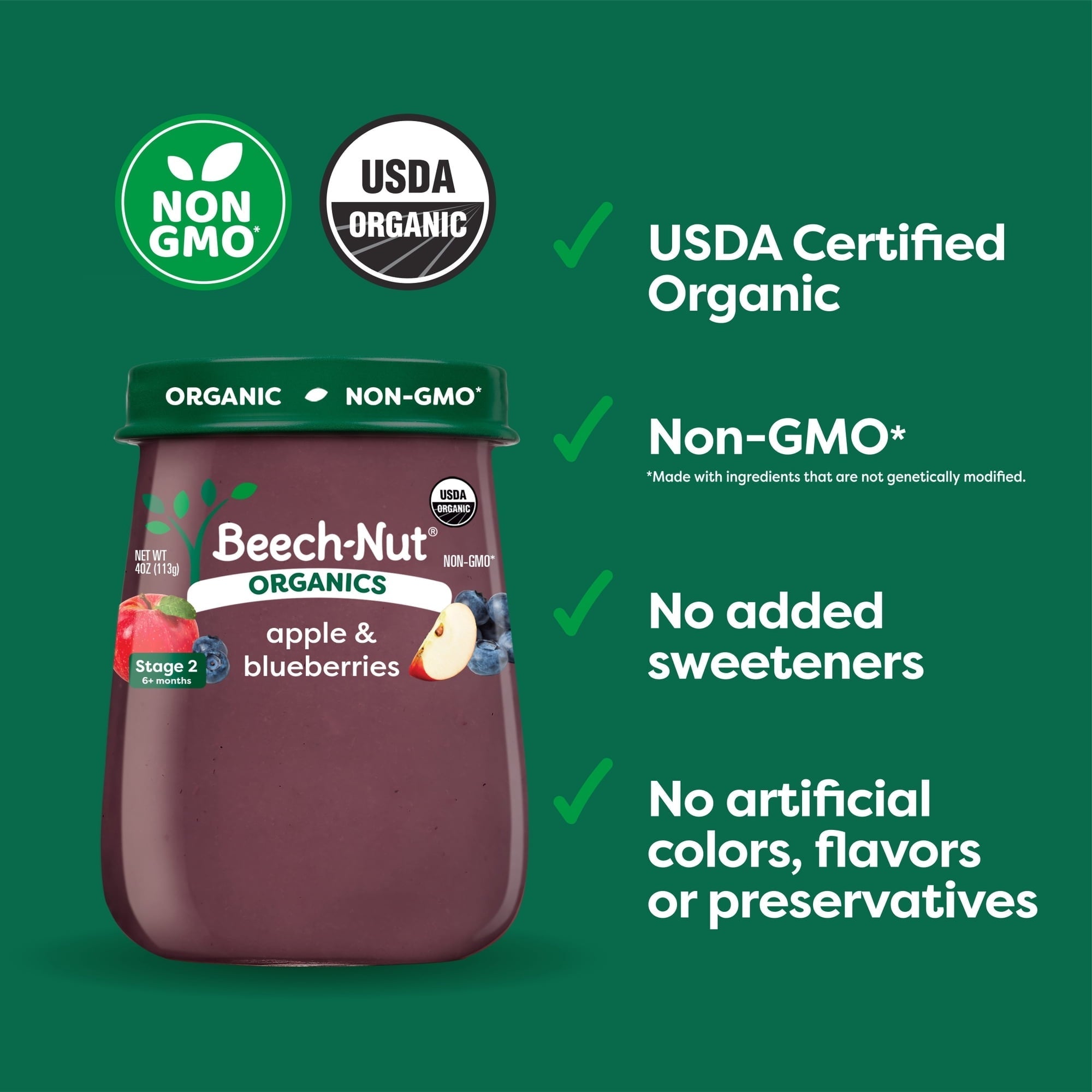 Beech-Nut Organics Stage 2 Organic Apple & Blueberries Baby Food, 4 oz Jar