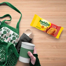 BelVita Crunchy cinnamon brown sugar biscuit pack with mug and green tote
