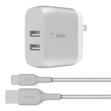 Belkin dual-port USB wall charger with silver body and two USB-A ports