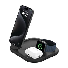 Black foldable 3-in-1 charging dock with angled phone stand and watch/earbud pads