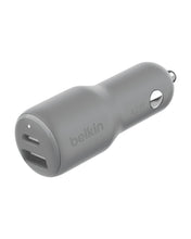 Gray Belkin BoostCharge dual-port fast car charger with two USB ports