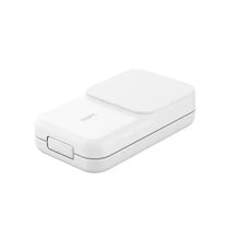 White 3-in-1 Qi charging base with a hinged top cover and latch
