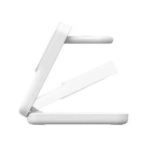White 3-in-1 Qi charging stand shown from the side with two angled cradles