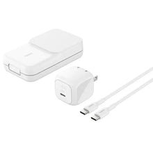 White 3-in-1 Qi charging stand with power adapter and two charging cables