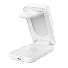 White 3-in-1 Qi charging stand with a phone cradle and circular charging pad