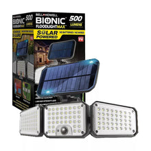 Solar powered floodlight product box with three LED panels and blue solar panel design